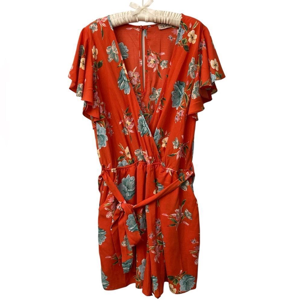 Spin USA Floral Red Orange Romper with Ruffle Sleeves Size 2XL